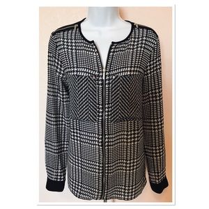 Michael Kors Black White Houndstooth Zip Front Top